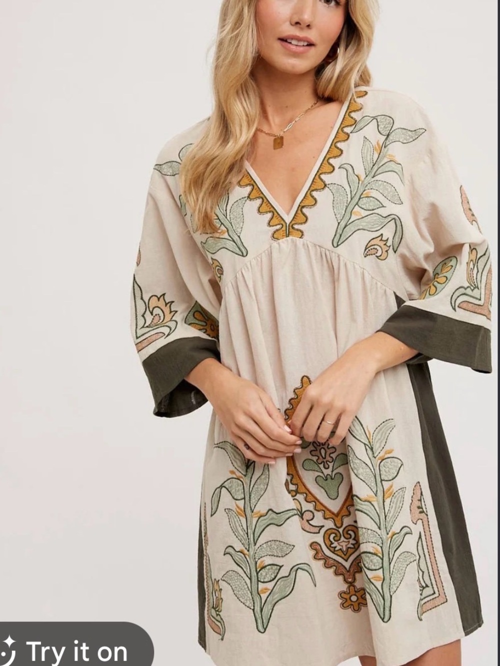 Zara uy V-Neck Boho Dress in Beige and Olive